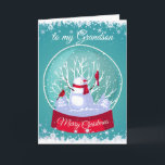 Cartão De Festividades Snowglobe Snowman, neto cardeal<br><div class="desc">Snowglobe de Natal Snowman com aves vermelhas cardeal na neve e flocos de neve gelados para o seu neto</div>