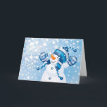 Cartão De Festividades Snowman<br><div class="desc">Neve Brincando na Neve com Fundo Azul</div>