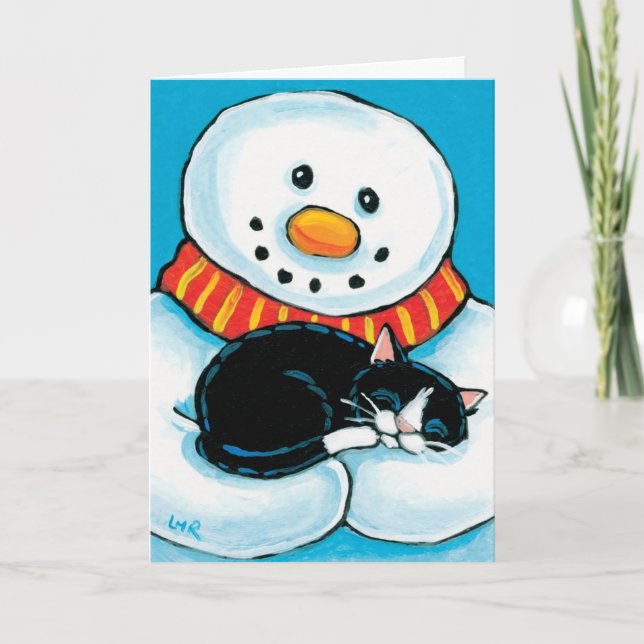 Cartão De Festividades Snowman A Segurar A Pintura De Tuxedo (Frente)