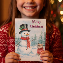 Cartão De Festividades Snowman and Cat Merry Christmas Kids