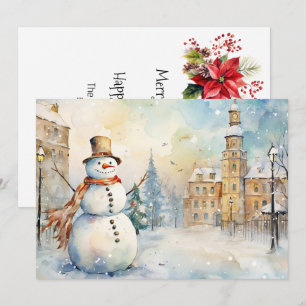 Cartão De Festividades Snowman animado numa aldeia de neve