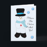 Cartão De Festividades Snowman Blue Christmas<br><div class="desc">Aqui está um doce bonitinho vestindo um chapéu preto e acessórios azuis. Desejo-lhe um Feliz Natal!</div>