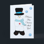 Cartão De Festividades Snowman Blue Christmas<br><div class="desc">Aqui está um doce bonitinho vestindo um chapéu preto e acessórios azuis. Desejo-lhe um Feliz Natal!</div>