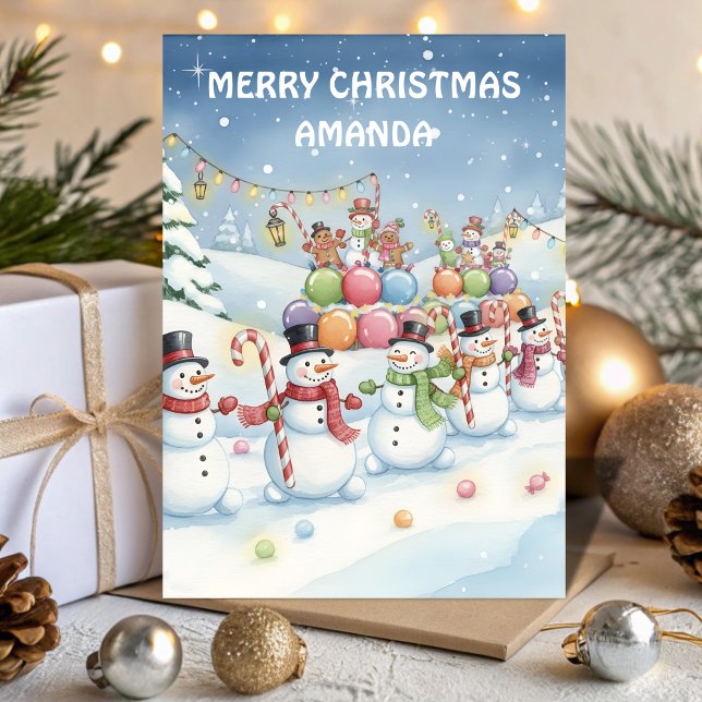 Cartão De Festividades Snowman Candy Parade Kids Christmas Card (Criador carregado)