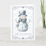 Cartão De Festividades Snowman Christmas<br><div class="desc">Cartão de Natal de Snowman - Bonito, sensação de inverno, cartão de Natal sazonal que combina o estilo revivente de Art Deco e a magia do tarô. As cores são dourados claros, brancos, azuis, e uma variedade de sedos e cinzas. A imagem é de um boneco de neve festivo, com...</div>