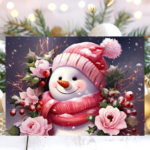 Cartão De Festividades Snowman com o Natal das Rosas Rosa