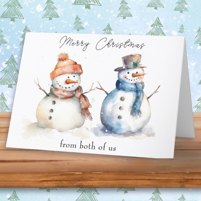 Cartão De Festividades Snowman De Nós Dois Feliz Saudação De Natal (A whimsical Christmas card 'from both of us' with illustration of snowmen in a watercolor style)