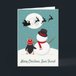 Cartão De Festividades Snowman e Penguin Watch Papais noeis's Sleigh<br><div class="desc">Um boneco de neve e pinguim veem o trenó de Papais noeis numa noite de inverno nevado. Dê ao seu amigo este doce cartão de Natal. Design © 2015 Julia Bryant.</div>