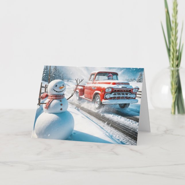 Cartão De Festividades Snowman e Red Retro Truck de Natal (Frente)