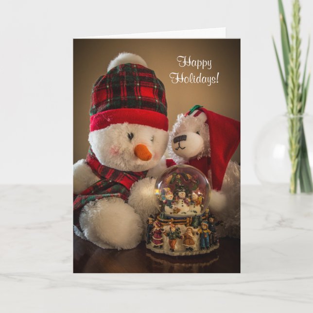 Cartão De Festividades Snowman e Urso com Snowglobe (Frente)