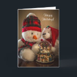 Cartão De Festividades Snowman e Urso com Snowglobe<br><div class="desc">uma imagem de um boneco de neve recheado e um urso com um globo de neve dentro deles. O boneco de neve tem um boné de esqui vermelho de tartan ou xadrez,  e o urso tem um chapéu vermelho de santa.</div>