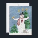 Cartão De Festividades Snowman em Tophat diz Welcome Christmas Holiday C<br><div class="desc">Aqui está meu sorridente Snowman, empoleirado (ou em pé, ajustado, laminado, construído, ou colocado, ou desenhado) numa pequena colina de neve em frente a um grande pinheiro verde. Acima dele no céu noturno estão quatro estrelas. Ele tem um coração no cheque e é mantido lá na floresta por coelho. Com...</div>