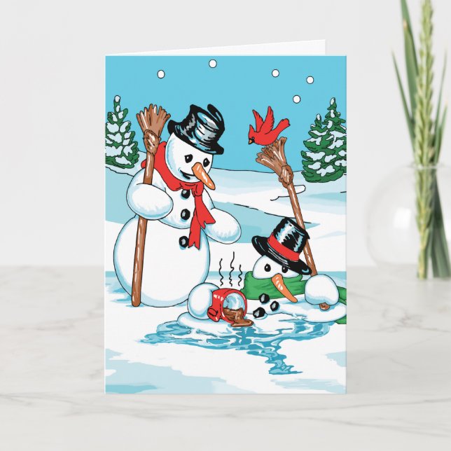 Cartão De Festividades Snowman Engraçado com Cartoon de Chocolate Quente (Frente)
