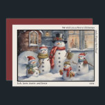Cartão De Festividades Snowman Family Feliz Feliz ano novo de Natal<br><div class="desc">Cartão de cartões de natal natal vintage com pintura de uma família de homens de neve. Texto original diz: "Desejamos a você um Feliz Natal e um Feliz ano novo." Personalizado com seu nome e ano. Entre em contato comigo para obter assistência com sua personalização ou para solicitar outros produtos...</div>