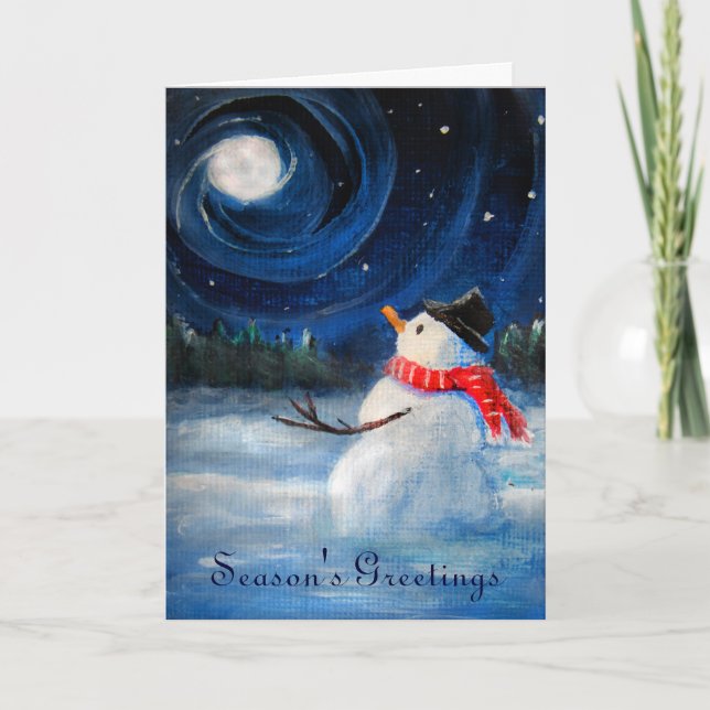 Cartão De Festividades Snowman Gazes no Night Sky & Moon - Pintura popula (Frente)