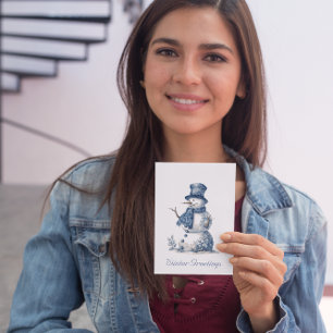 Cartão De Festividades Snowman no Delft Blue personalizável