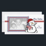 Cartão De Festividades Snowman Patriótico<br><div class="desc">Um homem de neve patriótico de Natal segurando uma bandeira americana. Personalize com sua própria foto e texto.</div>
