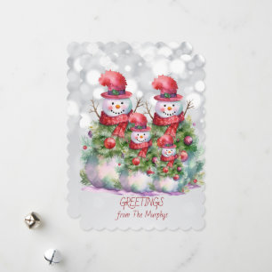 Cartão De Festividades Snowman Saudações da Família Nome