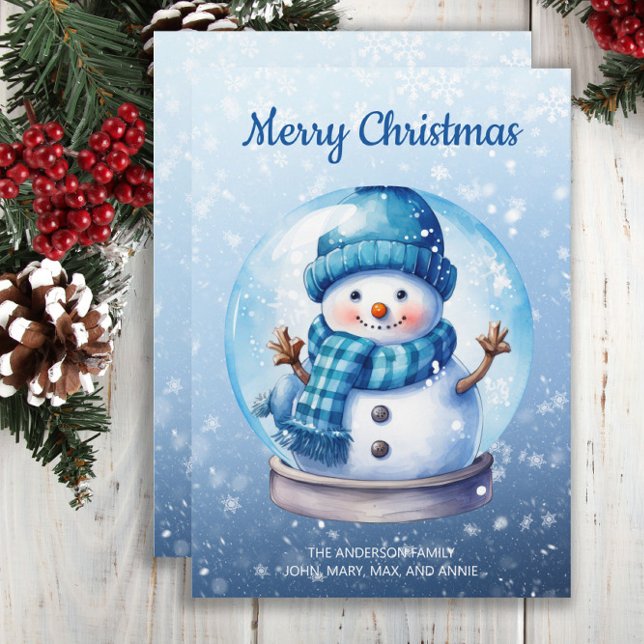 Cartão De Festividades Snowman Snowglobe Blue White Feliz Natal (Christmas greeting card with a cute blue and white Christmas snowman in a snow globe)