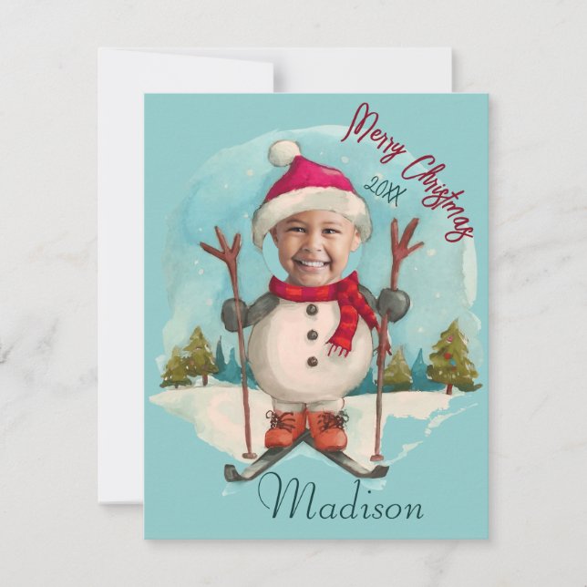 Cartão De Festividades Snowman Snowman Snowman Skiing Kids Photo Holiday (Frente)