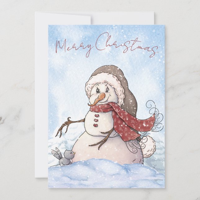 Cartão De Festividades Snowman Watercolor Winter Christmas (Frente)