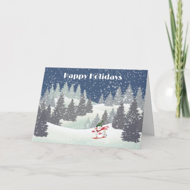 Cartão De Festividades Snowmwan Skier e Pines de inverno (Frente)