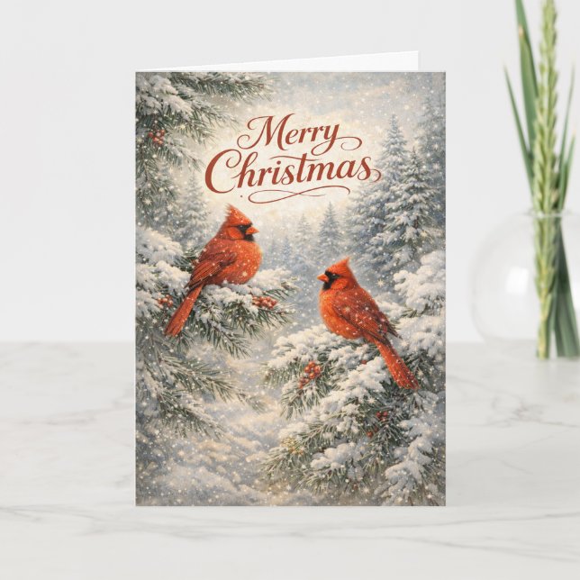 Cartão De Festividades Snowy Cardinal Winter Merry Christmas Illustration (Frente)
