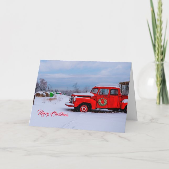 Cartão De Festividades Snowy Country Christmas com Red Truck (Frente)