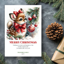 Cartão De Festividades Snowy Cute Fawn Watercolor Forest Christmas Card