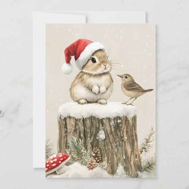 Cartão De Festividades Snowy Forest Winter Woodland Christmas Bunny Bird  (Frente)