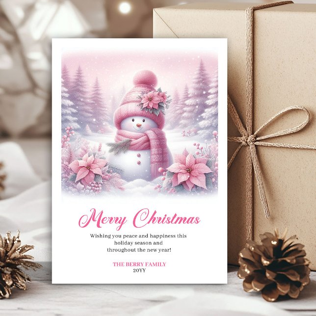 Cartão De Festividades Snowy pink coquette snowman kids card digital art (Snowy pink coquette snowman kids card digital art)