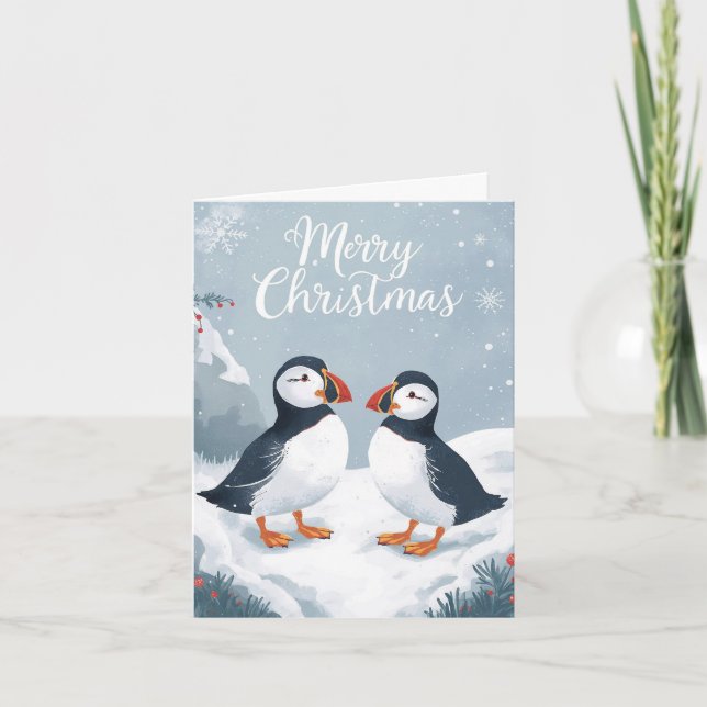 Cartão De Festividades Snowy Puffins Christmas Card (Frente)