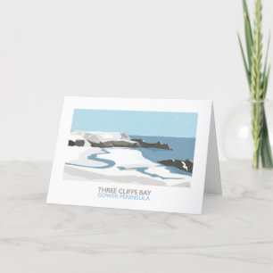Cartão De Festividades Snowy Three Cliffs Bay Beach Gower Christmas Card