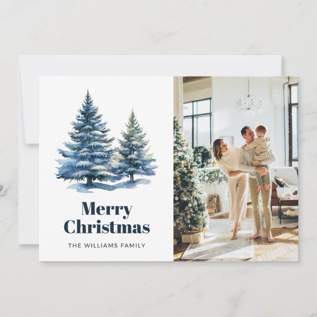 Cartão De Festividades Snowy Trees Poinsettia Photo Christmas Card (Frente)