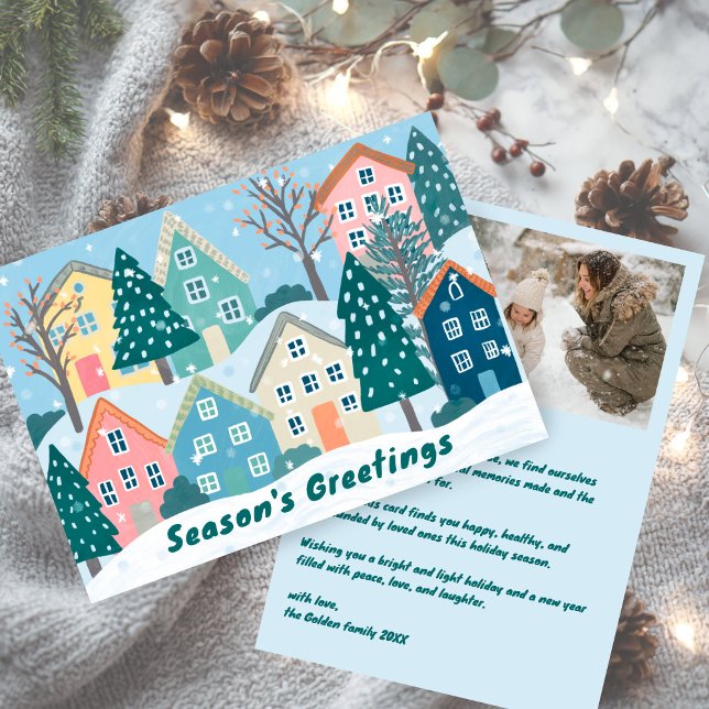 Cartão De Festividades Snowy Village Illustration Cute CUSTOM Photo  (Snowy Winter Village Holiday Christmas CUSTOM Photo Flat Holiday Card
)