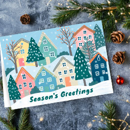 Cartão De Festividades Snowy Village Illustration Cute Season's Greetings