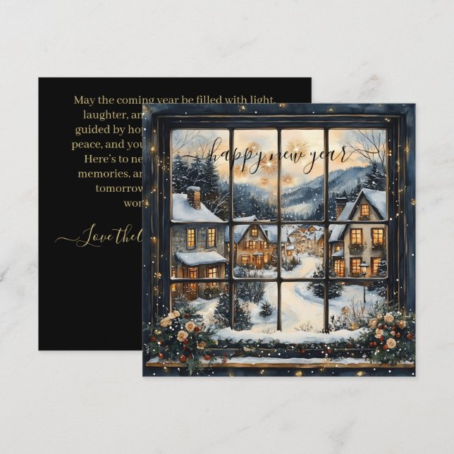 Cartão De Festividades Snowy Village Window Scene with New Year Greeting (Frente/Verso)