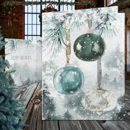 Cartão De Festividades Snowy Woodland Floresta Prendendo Ornamentos De Vi