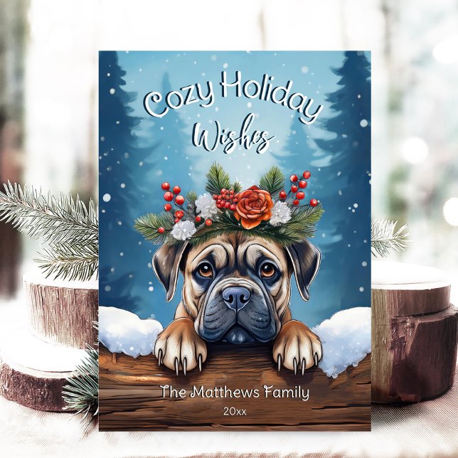 Cartão De Festividades Snowy Woodland Forest Peeking Bullmastiff Jolly (Adorable Winter Snowy Scene With Peeking Dogs or Farm/Woodland Animals - Over 50 to Choose From!)