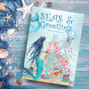 Cartão De Festividades Sob a Árvore de Natal de Sereia-Coral