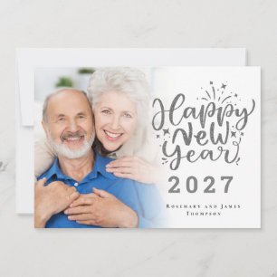 Cartão De Festividades Sobreposição de Foto Brilho Prateado Feliz Ano Nov