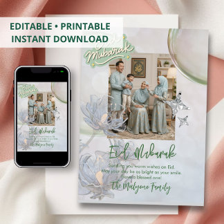 Cartão De Festividades Soft Sage Floral Eid Mubarak Family Photo Card 