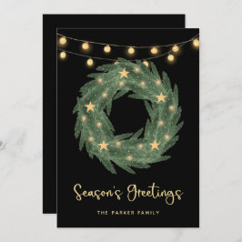 Cartão De Festividades Sola verde com luzes de cordas Douradas em preto