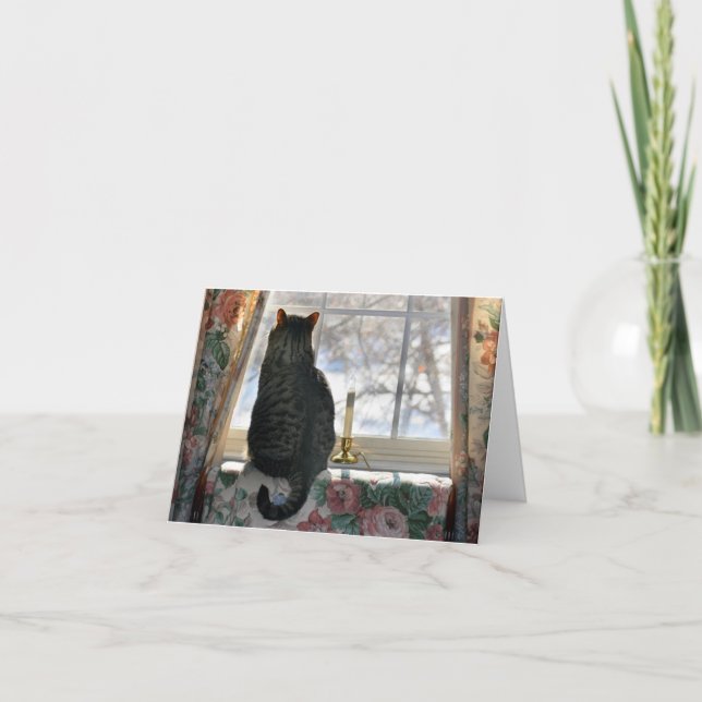 Cartão De Festividades Sonho do White Christmas - gato na janela (Frente)