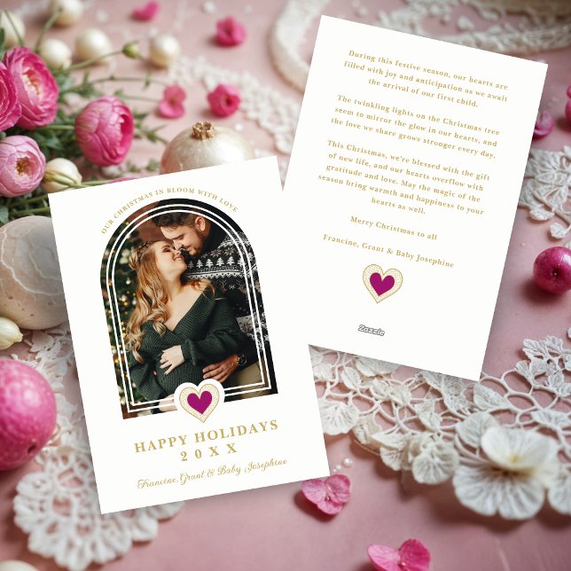 Cartão De Festividades Sophisticated Arch with Lace Effect Hot Pink Heart (Sophisticated Arch with Lace Effect Hot Pink Heart-Shape Photo Family Holidays Cards.)