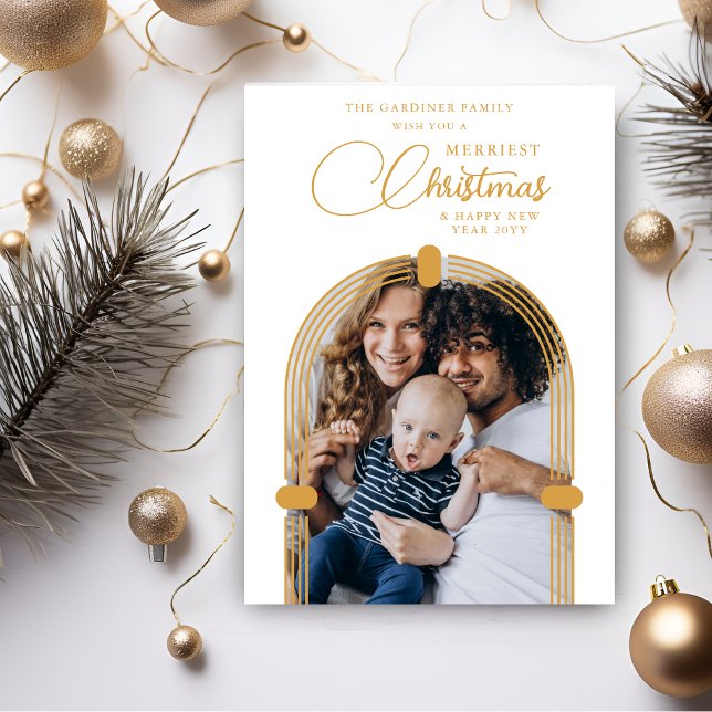 Cartão De Festividades Sophisticated Gold Arch Photo Merriest Christmas (Sophisticated Fake Golden Dome Arch Photo Merriest Christmas Holiday Card with Envelope.)
