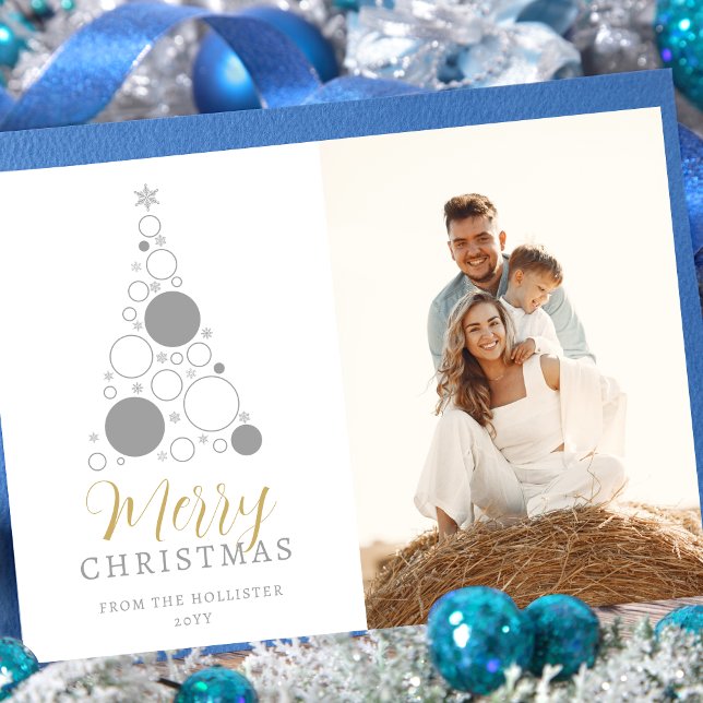 Cartão De Festividades Sophisticated Modern Christmas Tree Photo Family (Sophisticated Modern Christmas Tree Photo Family in Grey and Fake Gold Holiday Card with Envelope.)