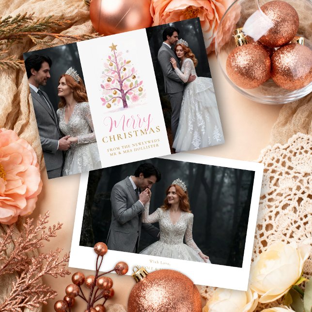 Cartão De Festividades Sophisticated Pink First Christmas Wedding Tree (Refined Pink Christmas Tree 3-Photo Cards for Wedding or First Christmas Holiday Cards.)