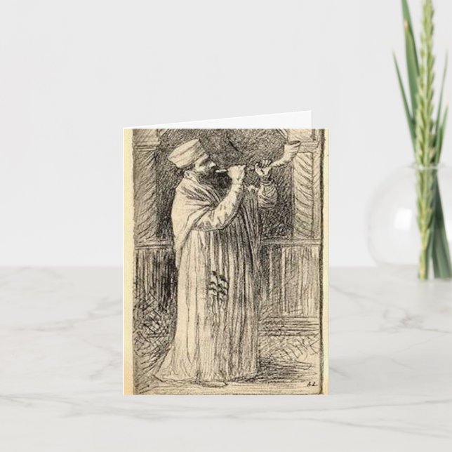 Cartão De Festividades Sopro de Shofar Vintage Ano Novo Judaico Rosh Hash (Frente)