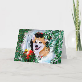 Cartão De Festividades Sorriso Welsh Corgi na Janela do Inverno